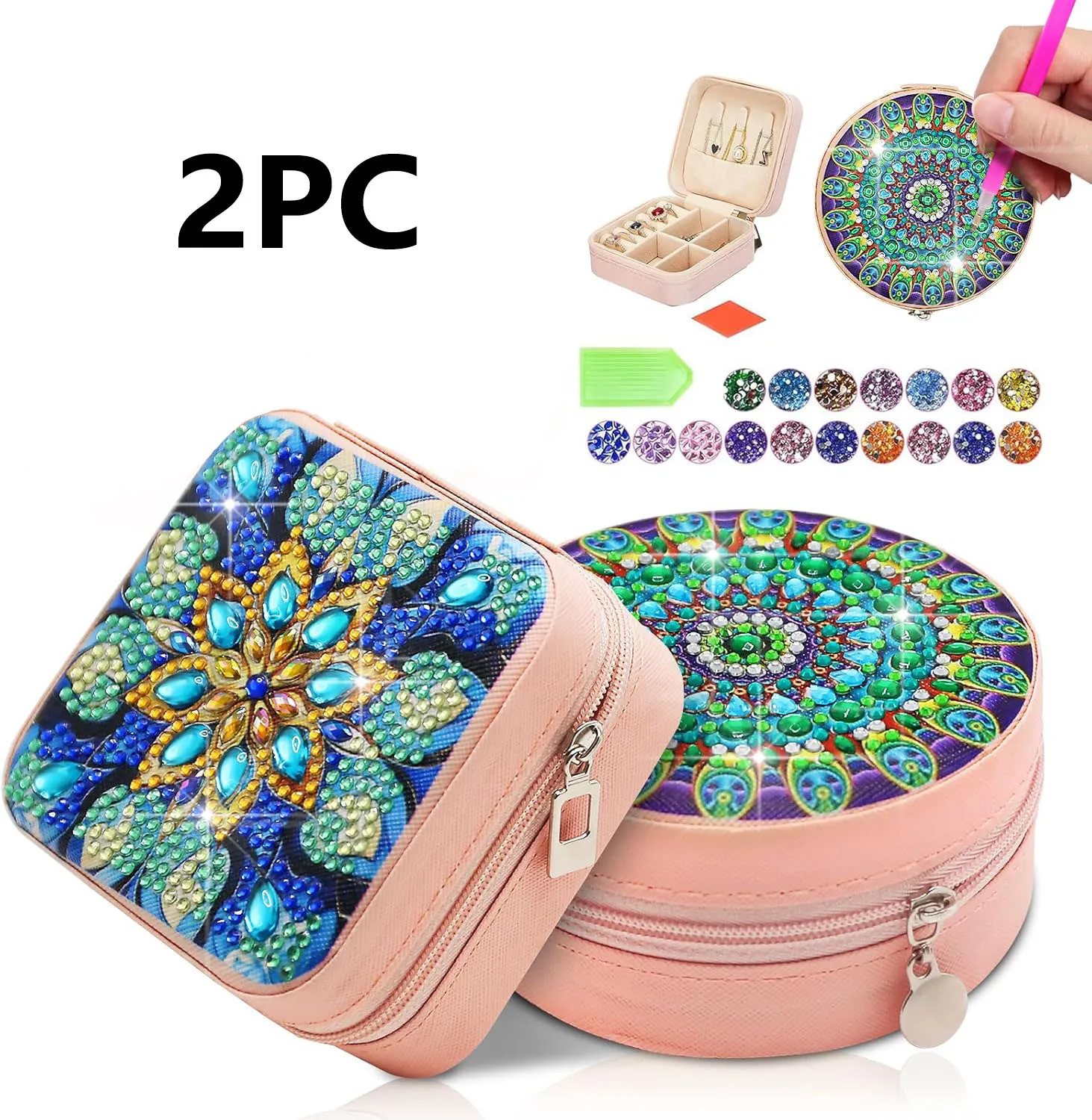 

2 набора шкатулок для драгоценностей с узором мандалы «сделай сам», алмазная живопись, холст для хранения небольших дорожных коробок для ювелирных изделий