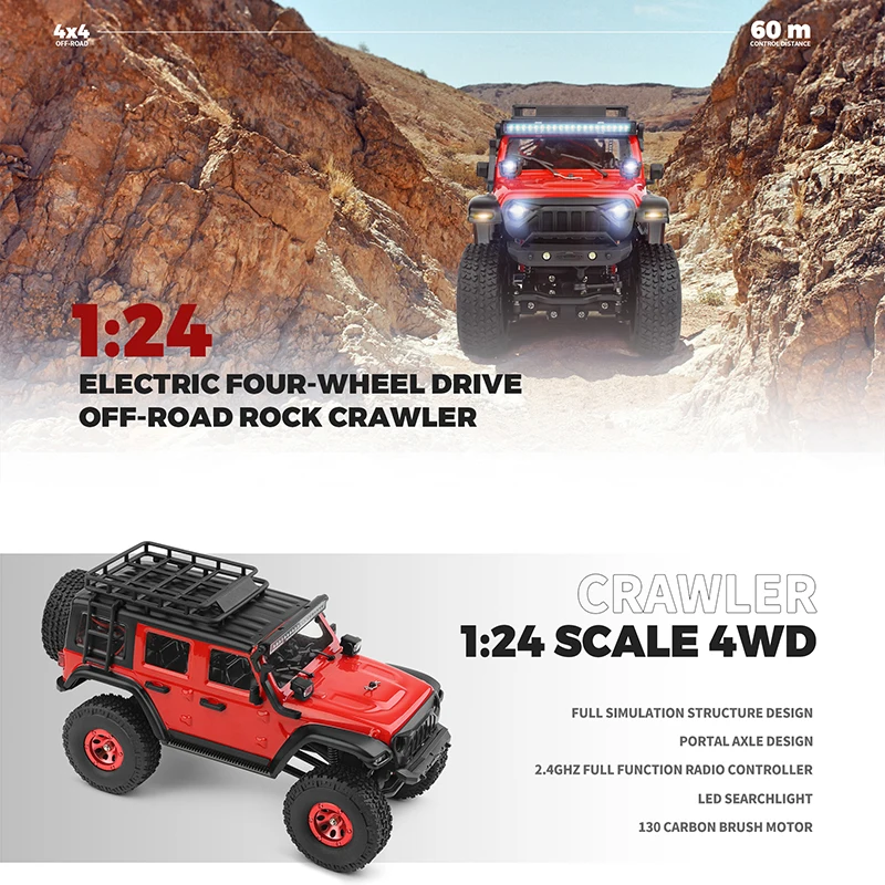 Wltoys 2428 1:24 Mini samochód RC 2.4G ze światłami LED 4WD Model pojazdu terenowego Zdalnie sterowana ciężarówka mechaniczna Zabawka dla dzieci