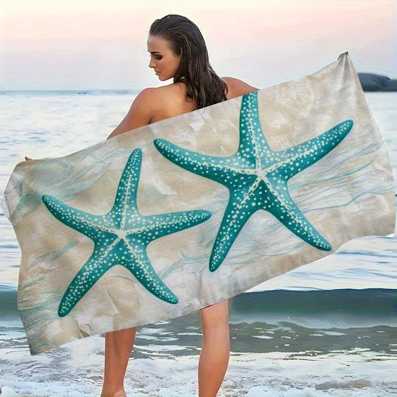 

1pc Ocean Style Bohemian Starfish Beach Towel - Polyester Fabric, Blue and White Starfish Pattern, Great for the Beach, Pool