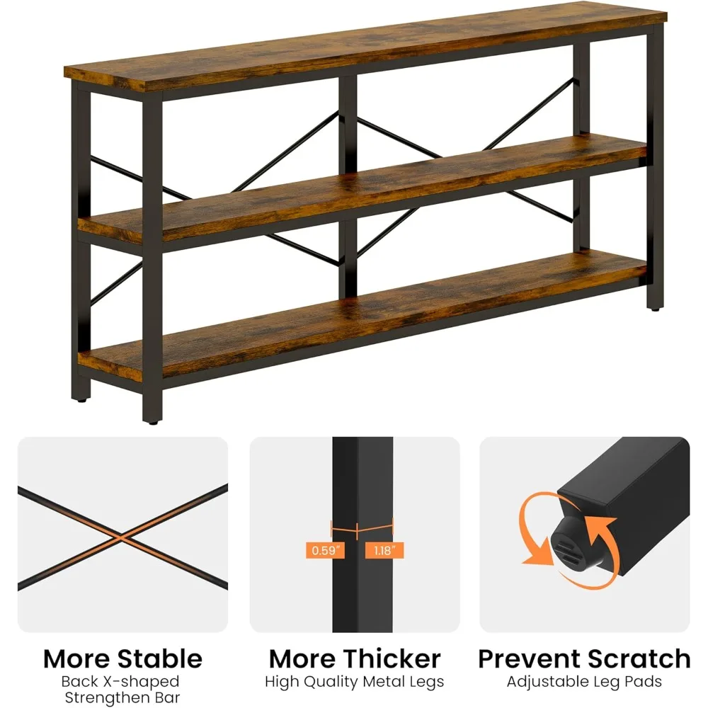 طاولة وحدة تحكم ضيقة طويلة جدًا مقاس 71 بوصة - أرفف تخزين من 3 طبقات للأريكة/طاولة مدخل لمدخل غرفة المعيشة (بني ريفي)