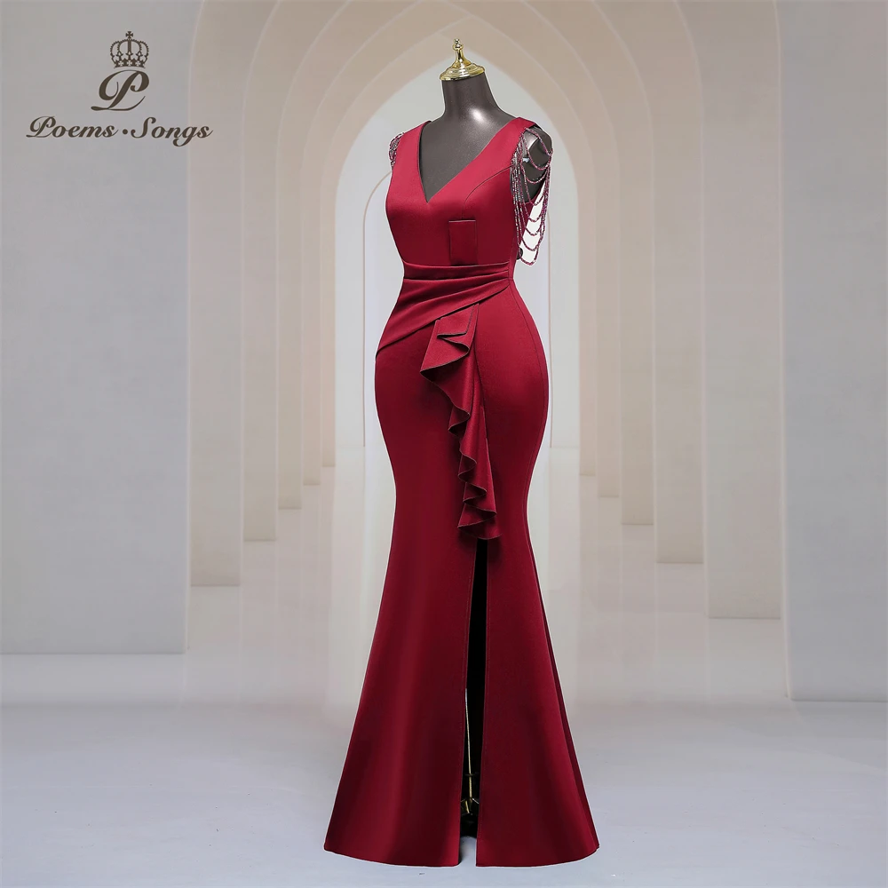 Elegant side slit Party dress for women Long Prom Dress Soft Satin shoulder Beading evening dresses Maxi Dress Evening gowns