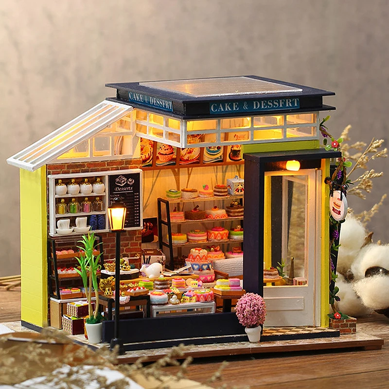 Cake Shop Mini Wooden Doll House Kit Building Model Furniture Manual Assembling Toys Miniature Kit For Children Birthday Gifts