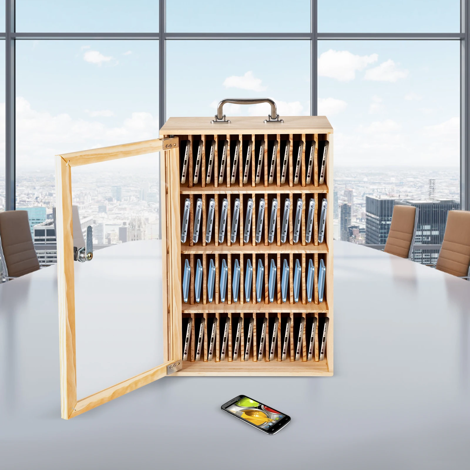 

Durable Painted Wood Phone Locker, Acrylic Door & Name Labels For Classrooms, Factories, Dance Studios, Army Use