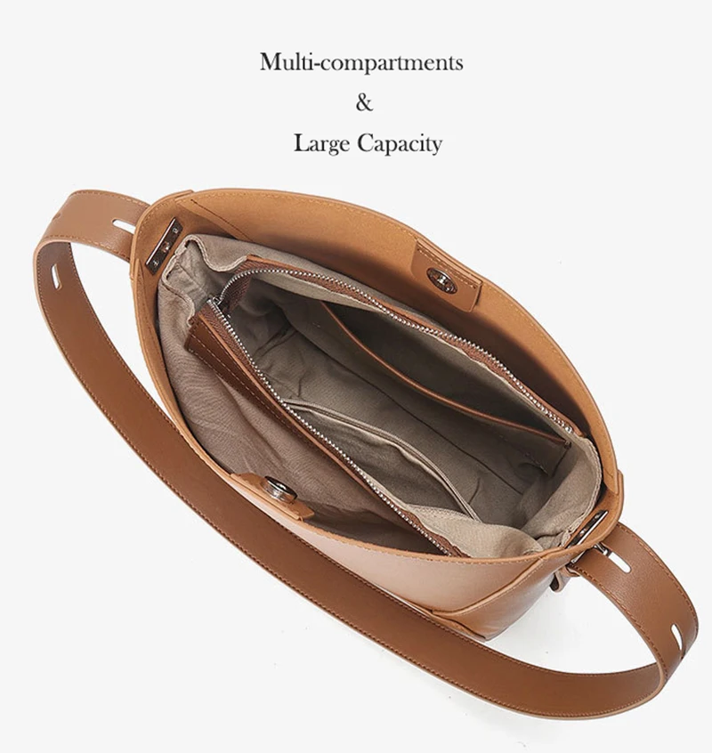 2024 Solid Patchwork Cowhide Shoulder Bucket Bag for Women Casual Design Female Crossbody Handbag for Ladeies Messenger Purse