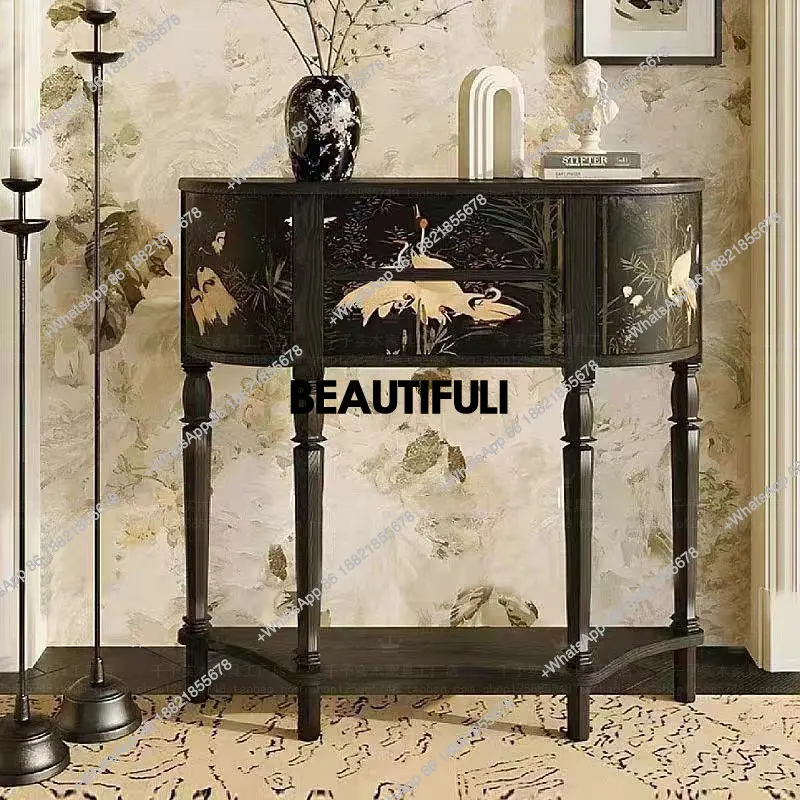 

French retro living room door painted porch cabinet solid wood ash wood Roman column partition cabinet