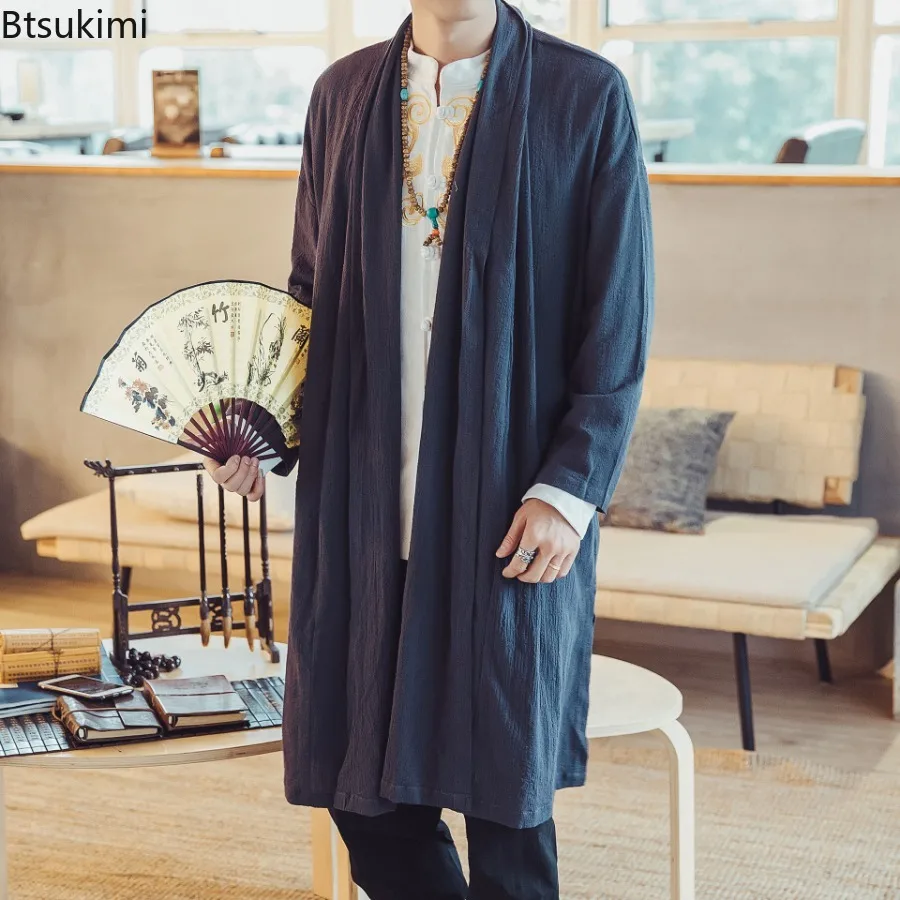 

Мужские свободные повседневные плащи из хлопка и льна в китайском стиле, длинные кардиганы, винтажная уличная одежда, весенне-осенняя верхняя одежда 2026 года