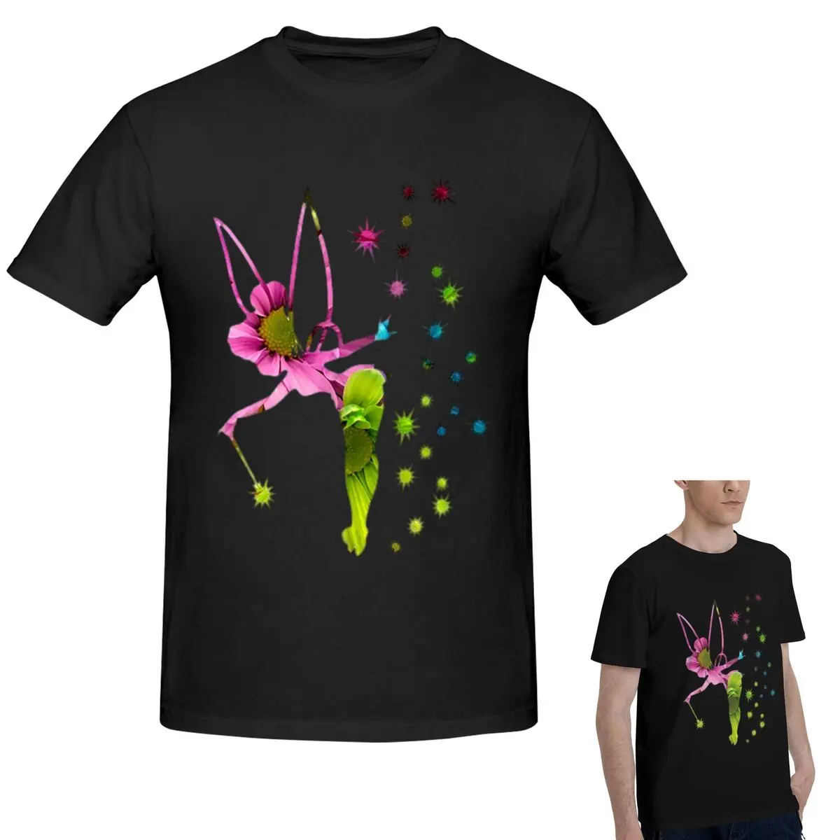 

100% Cotton Floral Tinkerbell T-Shirt Men's Funny Oversized T Shirt Men Round Neck Summer Shirts Tops S-6XL