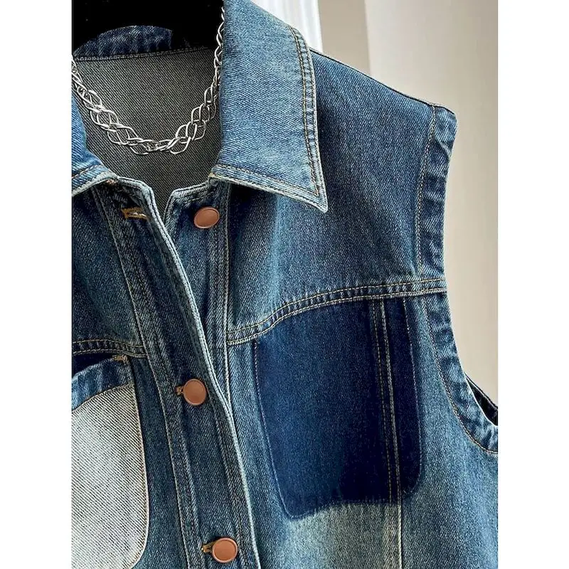 Denim Vest  for Women Polo-neck Waistcoats Aesthetic Casual Cardigans Korean Style Oversized Sleeveless Coats Women Clothing