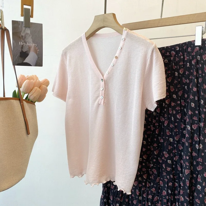 Dave&di 26 Summer New Product V-neck Mushroom Edge Short Sleeve Knitted Shirt Half Open Chest Lanjing Versatile Top