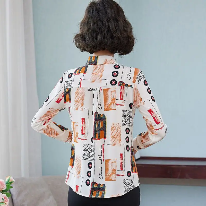 Women's Long Sleeve Button Cardigan Combined Printing Turn-down Collar Contrast Color Chiffon Shirt Casual Office Lady Tops