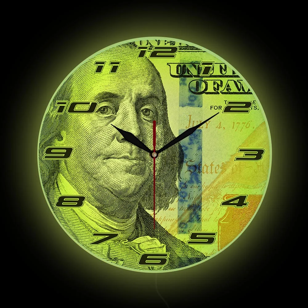 

Benjamin Franklin One Hundred Dollars Print Wall Clock With LED Backlight Money Bill Design Luminous Wall Clock For Home Office