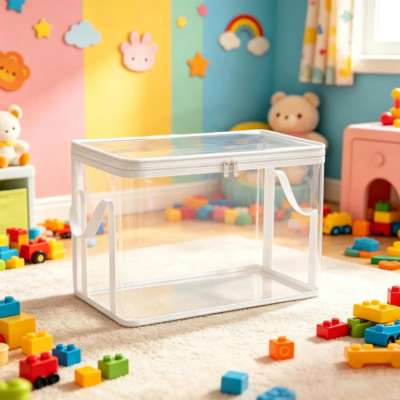 Toy Storage Bag Transparent Organizer 2-Piece Toy Storage Bin Stuffed Animal Bag For Dolls Books Building Blocks Playroom Living view 3