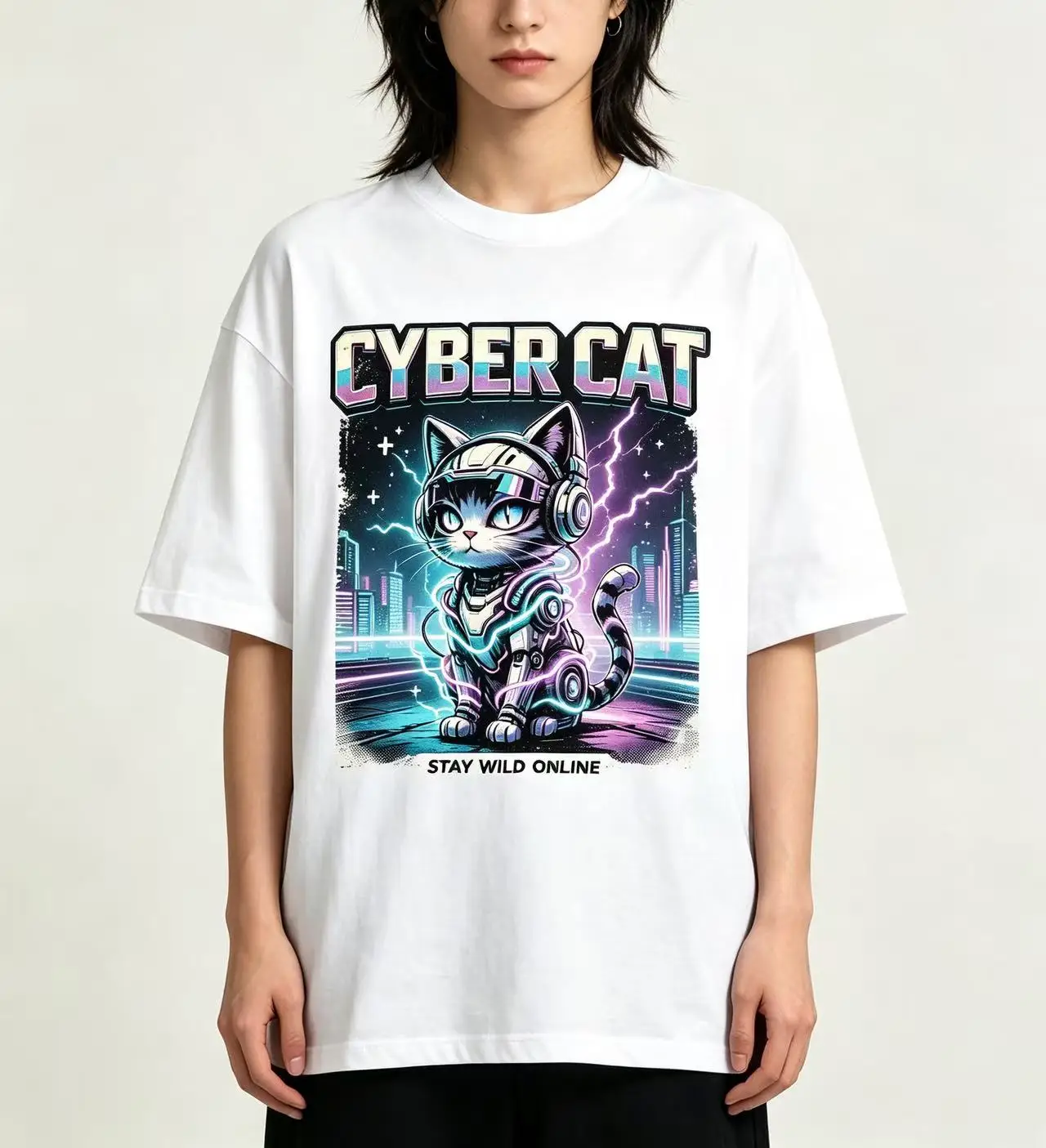 Unisex Cyber Cat Headset Robot Graphic T Shirt Men Women Stay Wild Online Cyberpunk City Lightning Print Oversized Crew Neck Short Sleeve Streetwear Cotton Top