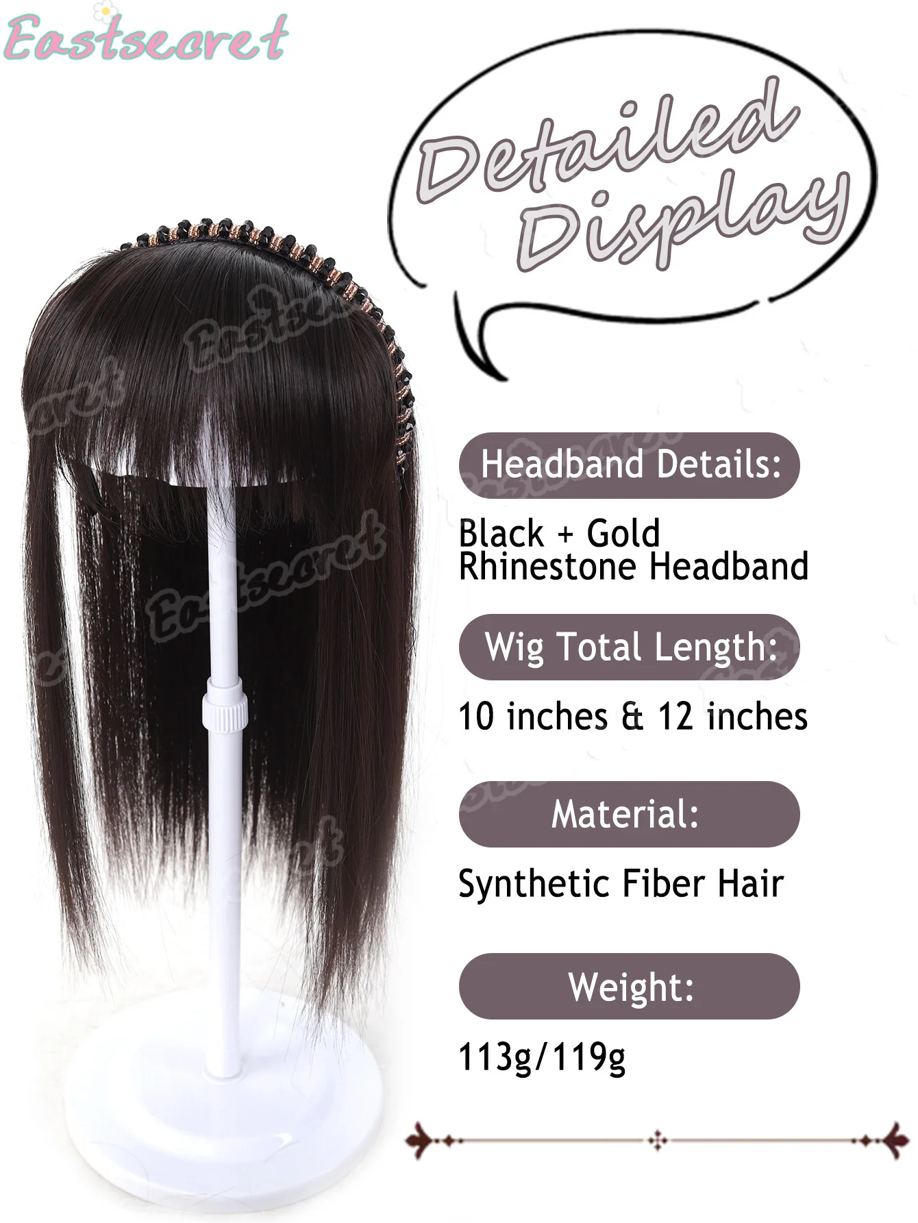 EAST Synthetic Bangs Crystal Headband Bangs Women's Invisible Natural Clip-in Hairpieces Daily Wear