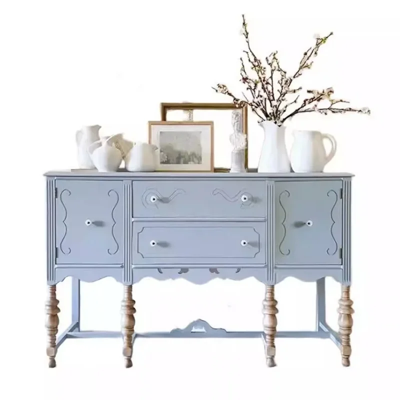 

French solid wood dining side cabinet American style, retro blue engraved home, entrance living room high-end decorative cabinet