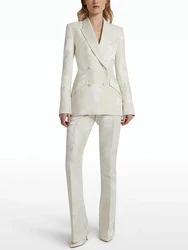 HIGH STREET Newest 2026 Designer Suit Set Women's Slim Fitting Jacquard Blazer Jacket Flare Pants Suit