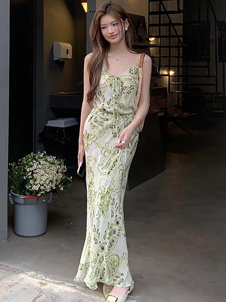 Abito lungo sexy da donna verde floreale chic con fiocco 2025 Nuovo elegante abito da vacanza casual estivo coreano aderente abiti da festival