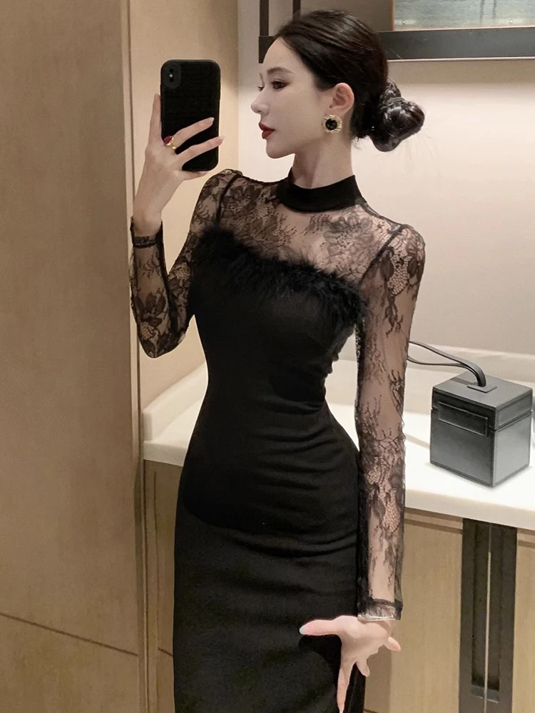 

Элегантное черное кружевное облегающее вечернее платье с запахом, длинным рукавом и завышенной талией для женщин