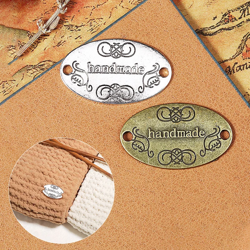 10Pcs Handmade Labels Silver Bronze Bow Metal Tags for Clothes Hats Vintage Alloy Hand Made Tag Sewing Accessories