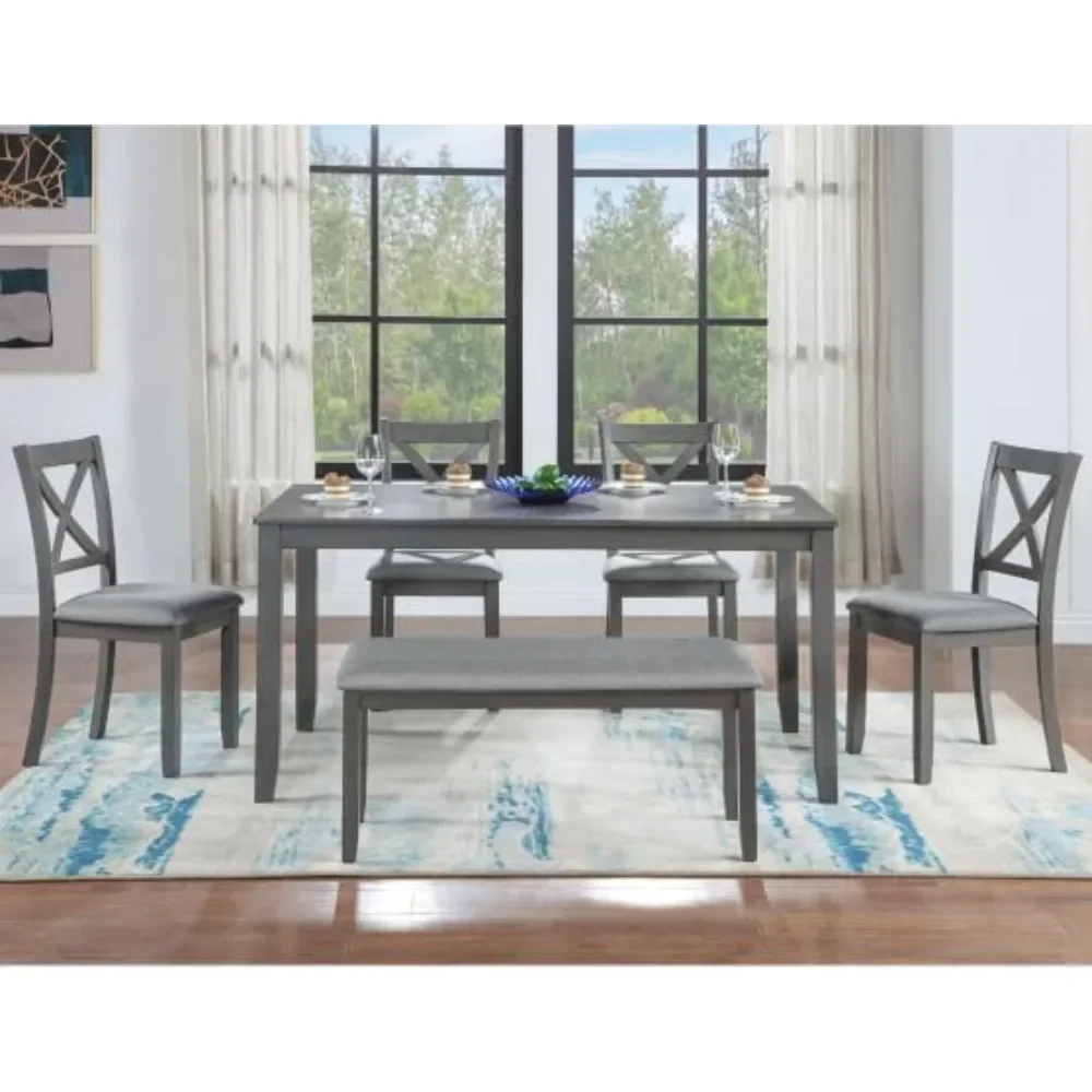 

6-Piece Farmhouse Dining Table Set, Solid Wood Kitchen Table Set with 4 Upholstered Chairs & 1 Bench for Dining Room