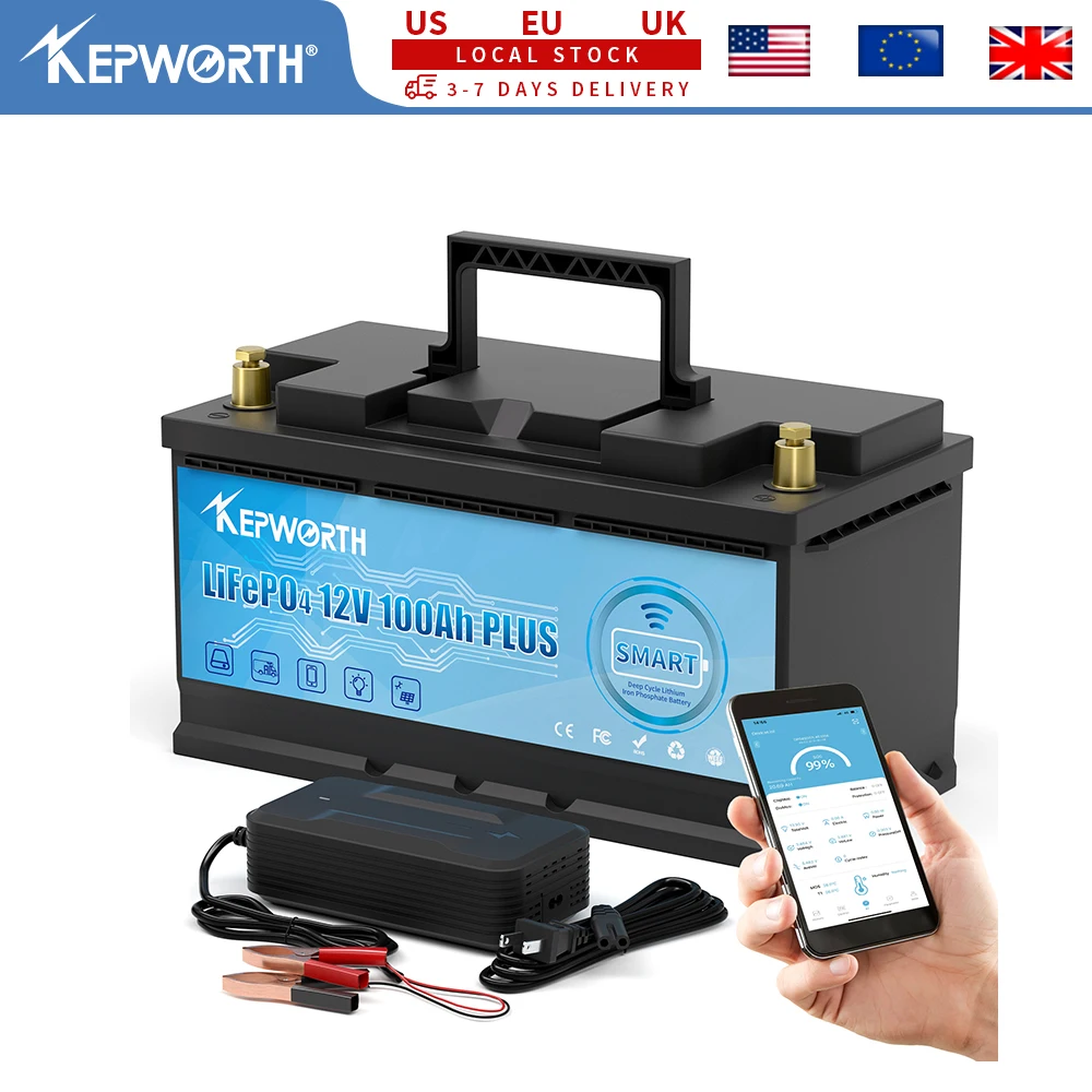 بطارية KEPWORTH 12 فولت 100 أمبير LiFePO4، 6000 دورة، BMS مطورة، لعربة الجولف الشمسية RV خارج الشبكة، مخزون الولايات المتحدة الأمريكية/الاتحاد الأوروبي