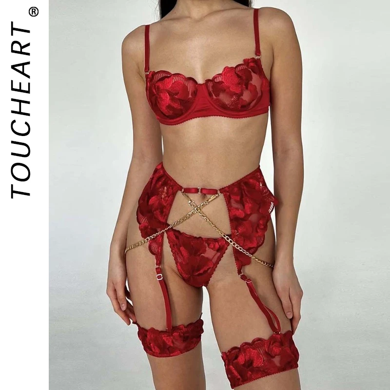

Toucheart 4 Pcs Sexy Mesh Embroidery Underwear Set For Women Chain Splicing Garters Underwear Mesh See-through Sexy Lingerie Set