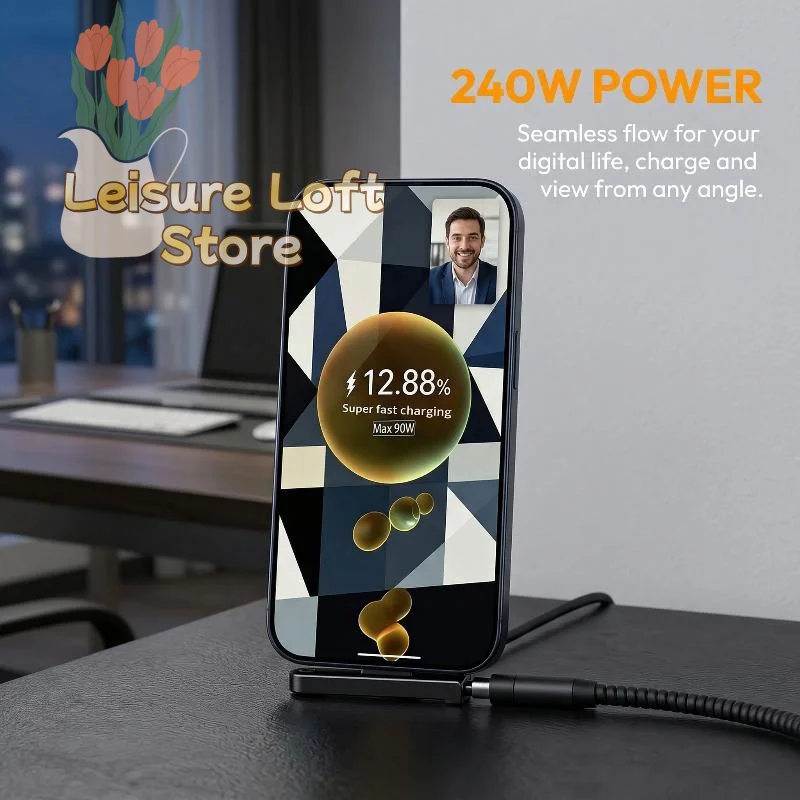 

Адаптер USB-C на USB-C 240 Вт для зарядки, с вращающимся на 360° кронштейном, поддержка быстрой зарядки Power Delivery для телефонов и планшетов