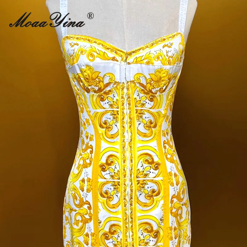 MoaaYina Summer Fashion Runway Dress Women Vintage Print Spaghetti Strap Backless Buttock Covering Bodycon Medium length Dresses