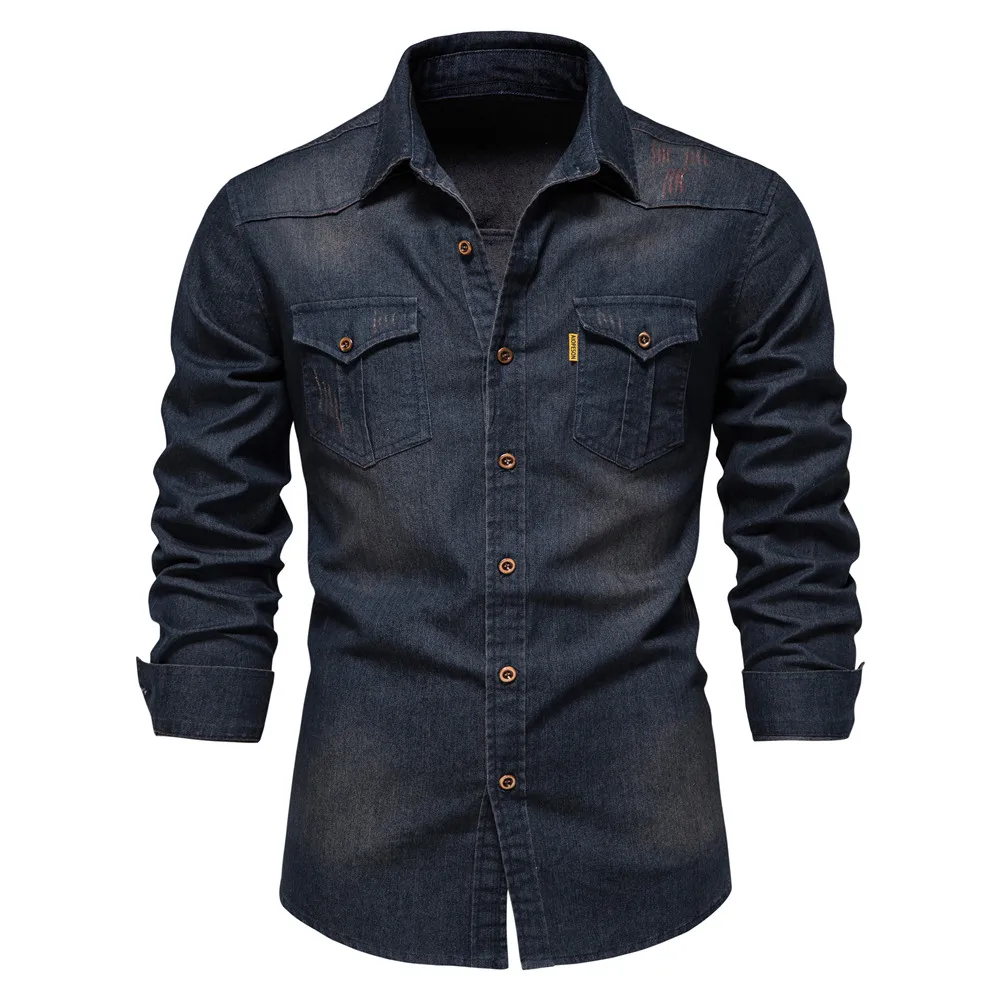 Stretchy Cotton Denim Shirt for Men Long Sleeve High Quality Cowboy Style  Collar Thickened Fleece Special Wide Fit