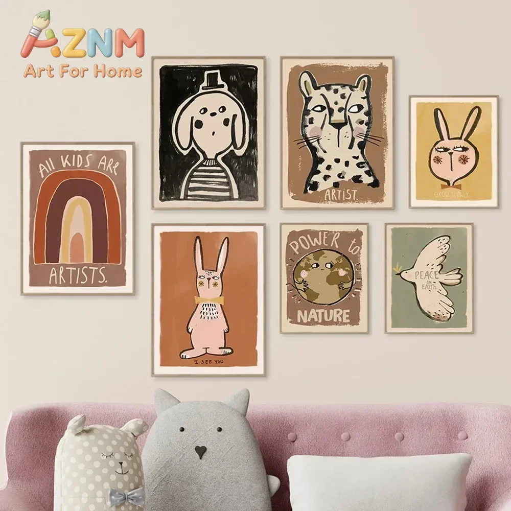 AZNM Boho Cartoon Animal Canvas Wall Art Rabbit Leopard Rainbow Dove Kids Nursery Room Decor Canvas Print Poster