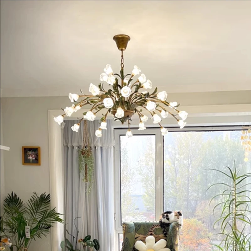 

French Living Room Flower Decoration Chandeliers Pastoral Art LED Chandelier Lighting Retro Dining Room Bedroom Home Decor Lamps