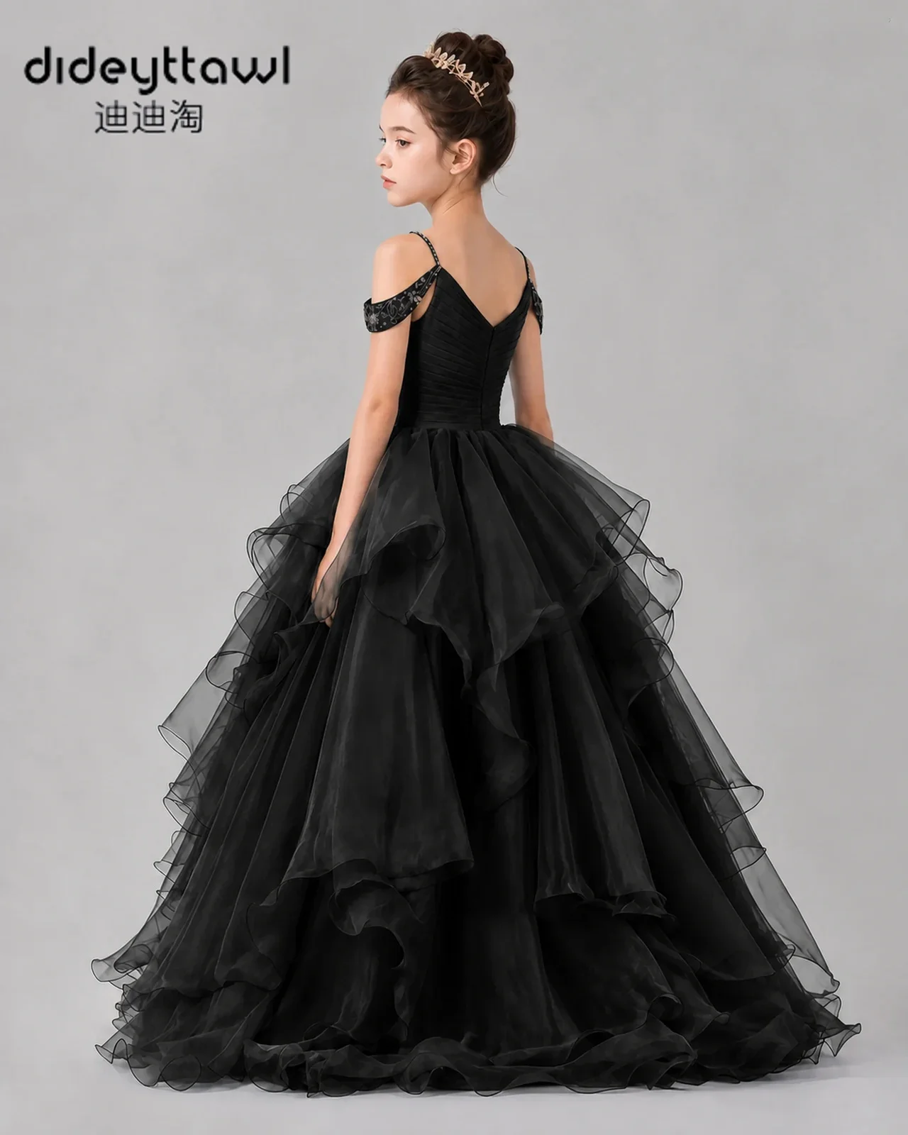 Dideyttawl Off Shoulder Beaded Ruffled Tulle Pageant Dress Multi Colors Kids Spaghetti Straps V Back Long Ball Gown for Birthday