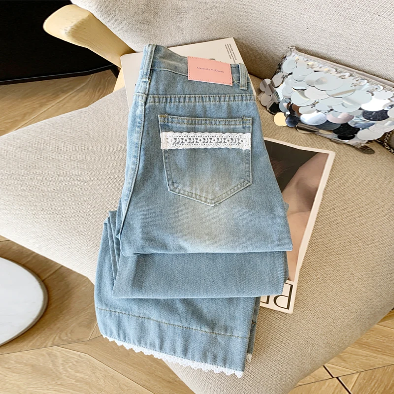 

Women's Blue Y2k Wide Leg Jeans Harajuku 90s Vintage Oversize Denim Trousers Japanese 2000s Style Baggy Lace Jeans Pants Clothes