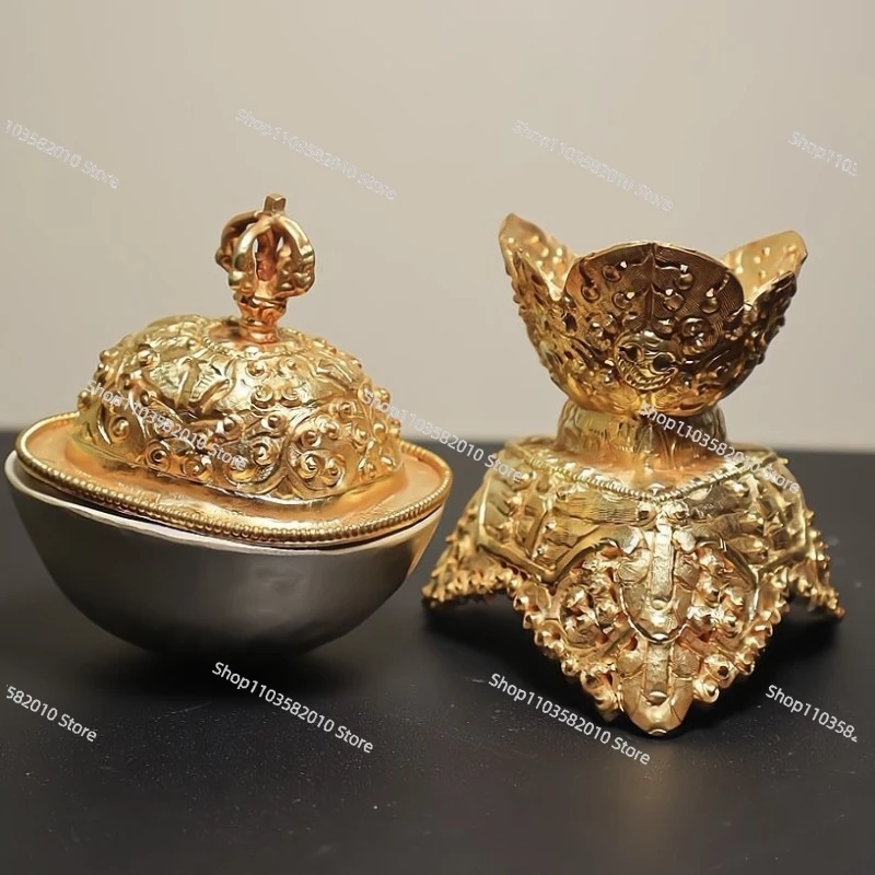 Nepal Toba Guardian Bowl,Engraving Gilded Copper Handicraft Buddhism Holy Water Plate,Tibetan Altars Religious Desktop Tribute