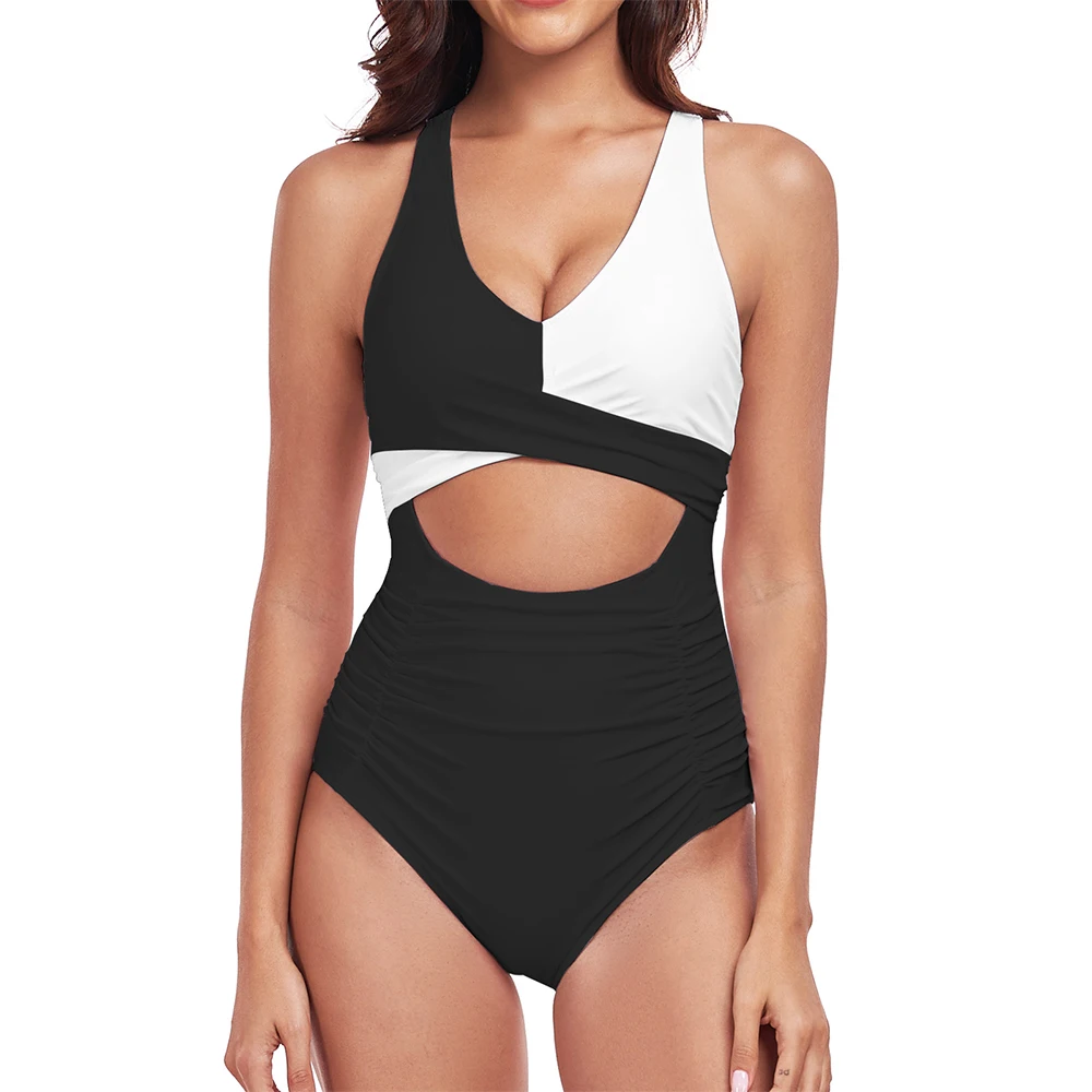 One Piece Swimsuit Women 2024 Black White Splicing High Waist Sexy Swimwear Hollow Swimming Bathing Suit Beachwear