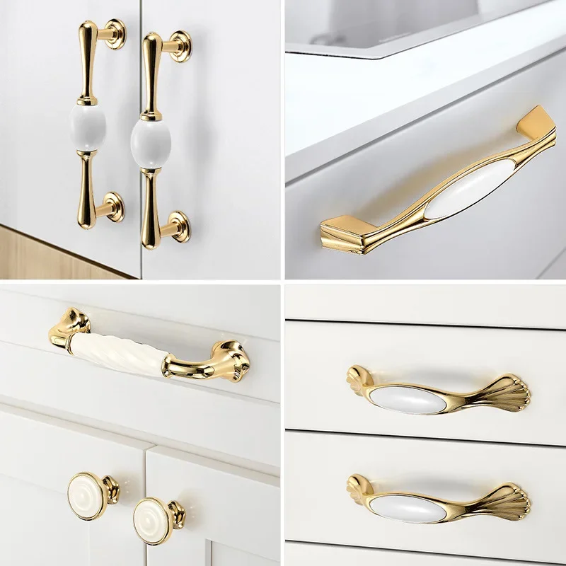 Goldene Küchenschranktürgriffe, Schubladenknöpfe, europäische Zinklegierung, weiße Möbelgriffe, modische Keramik-Schrankgriffe – Detail 3