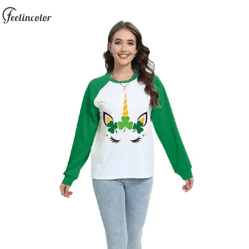 Fake Two Suits Print Sweatshirts for Women St. Patrick's Day Pullover Lucky Irish Clover Graphic Hoodies Holiday Couple Clothing