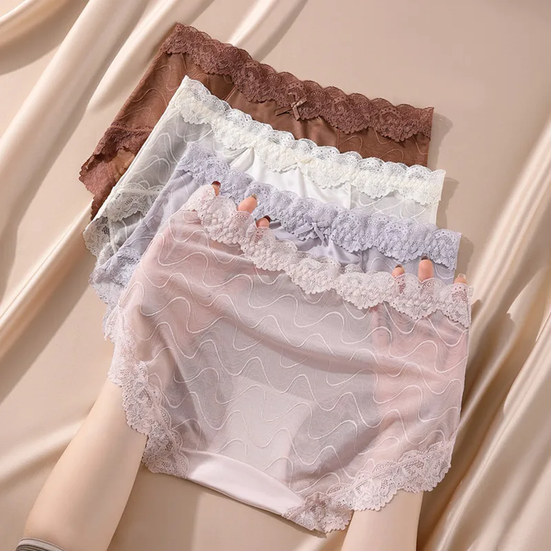 

5PCS Sexy Lace Women's Panties Semi-transparent Ice Silk Women's Underwear Mid-rise Briefs Comfortable Traceless Breathable Soft