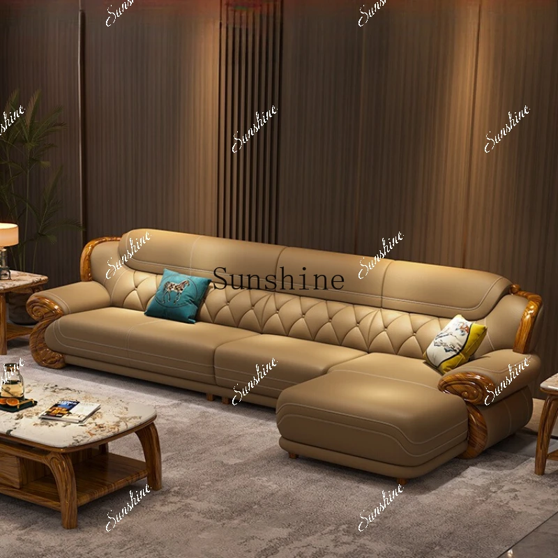 Modern ebony solid wood sofa living room leather corner concubine size apartment furniture  FT