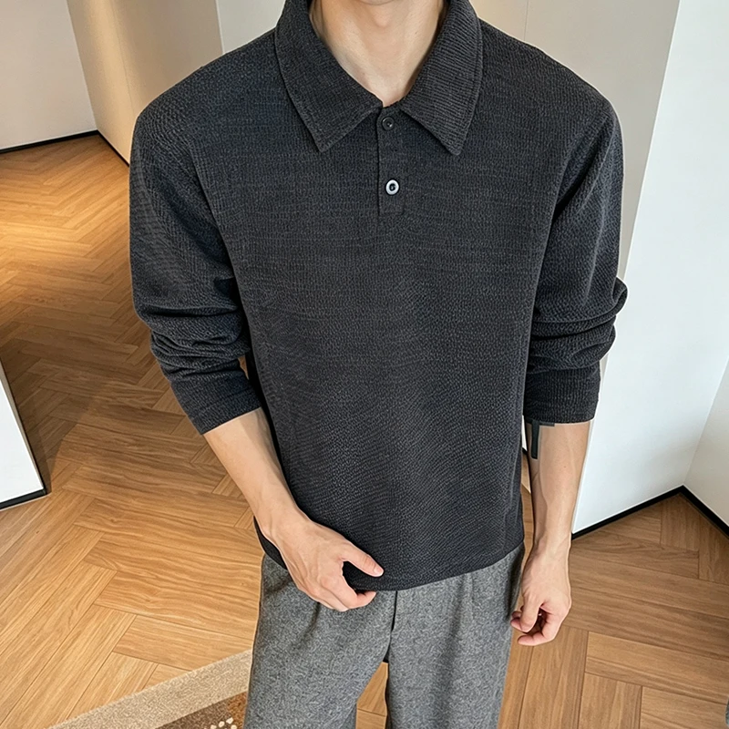 Herren-Poloshirt mit strukturierter Oberfläche, langen Ärmeln, Reverskragen, lockerer, übergroßer Passform, lässig, für den täglichen Gebrauch, einfarbig, modische Oberteile für Herren. – Detail 19