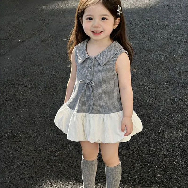 2026Summer girls' blue doll collar polka dot dress, stylish college-style baby dress