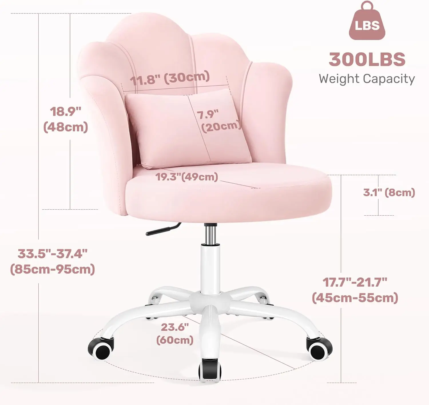Pink Wheeled Petal-Back Vanity Chair, 3.15-Inch Extra-Thick Cushion, Armless Height-Adjustable Swivel Seat, Stylish Small Chair for Girls, Bedrooms & Dormitories