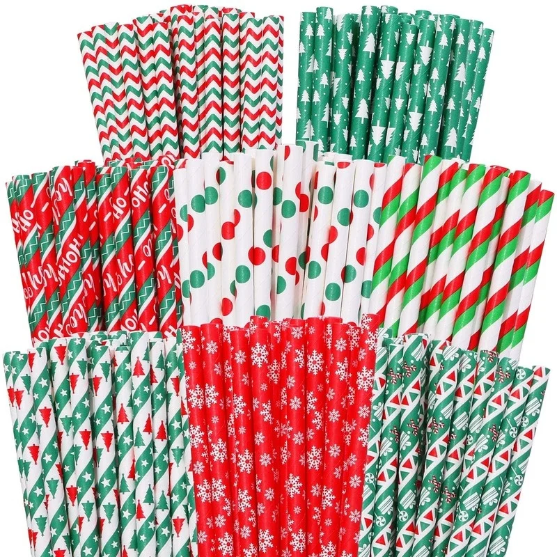 25Pcs Paper Straws Drinking  Striped  Christmas Wedding Happy Birthday Party Cake Straw Decoration Supplies Milk