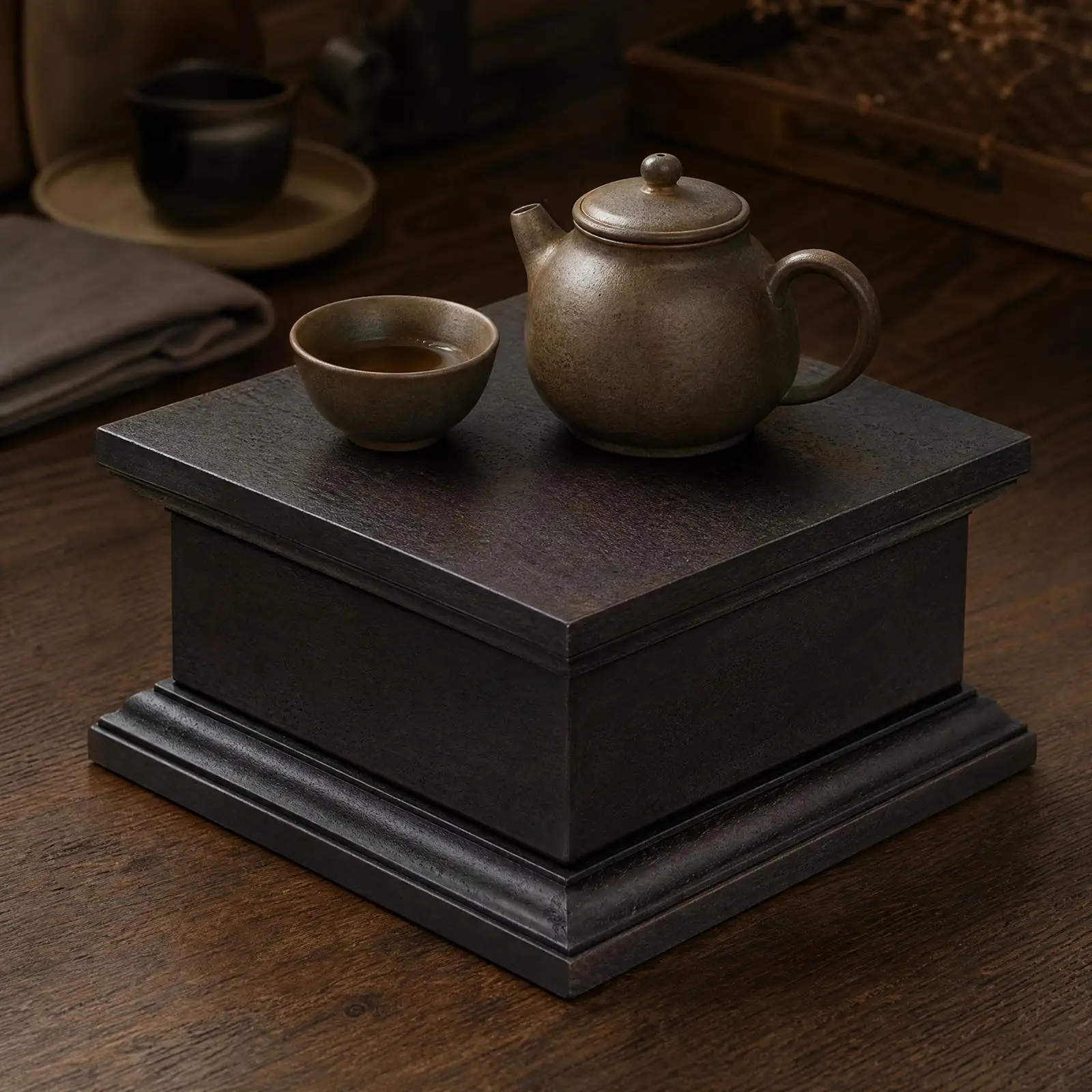 Square Display Pedestal with Molded Base Decorative Solid Wood Display Pedestal Wooden Riser with Bevel Beveled for Showcase