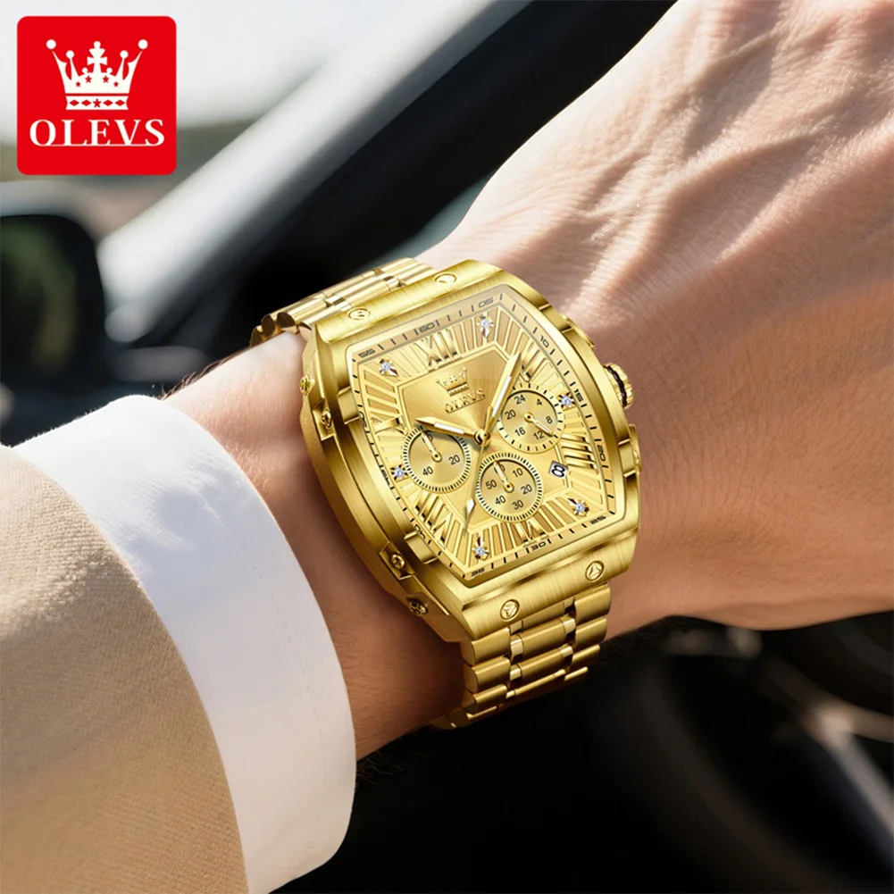 OLEVS 5639 New Men Watch Luxury Original Tonneau Watch Waterproof Luminous Automatic Date Chronograph Gold Men Quartz Watch