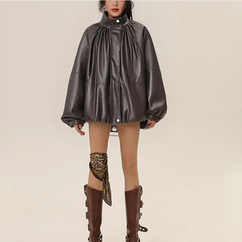 

2025 Autumn/Winter New Women's Fashion European and American Style Solid Color Versatile Series Leather Jacket Effect Pilot Jack