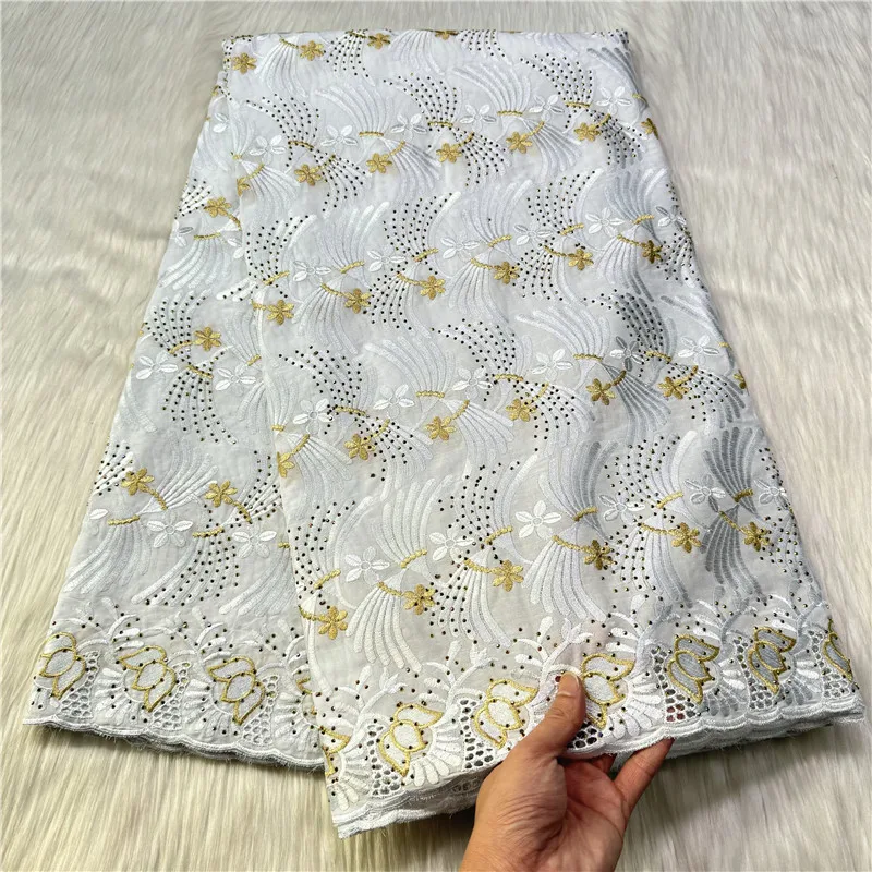 5 Yards African Swiss Voile Lace Fabric Embroidery High Quality With Stones Dry 100% Cotton For Wedding  27L5090401