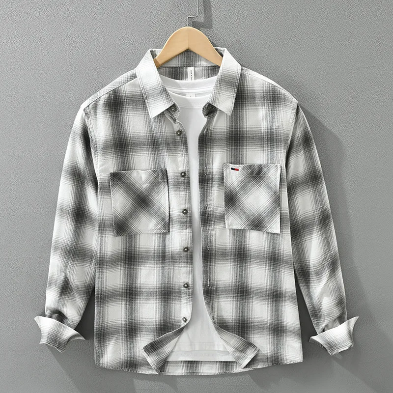 

Japanese Sle Long Sve Plaid irt Men's Faionable Versatile Casual Loose Top Street Sle Pure Cotton ket Design