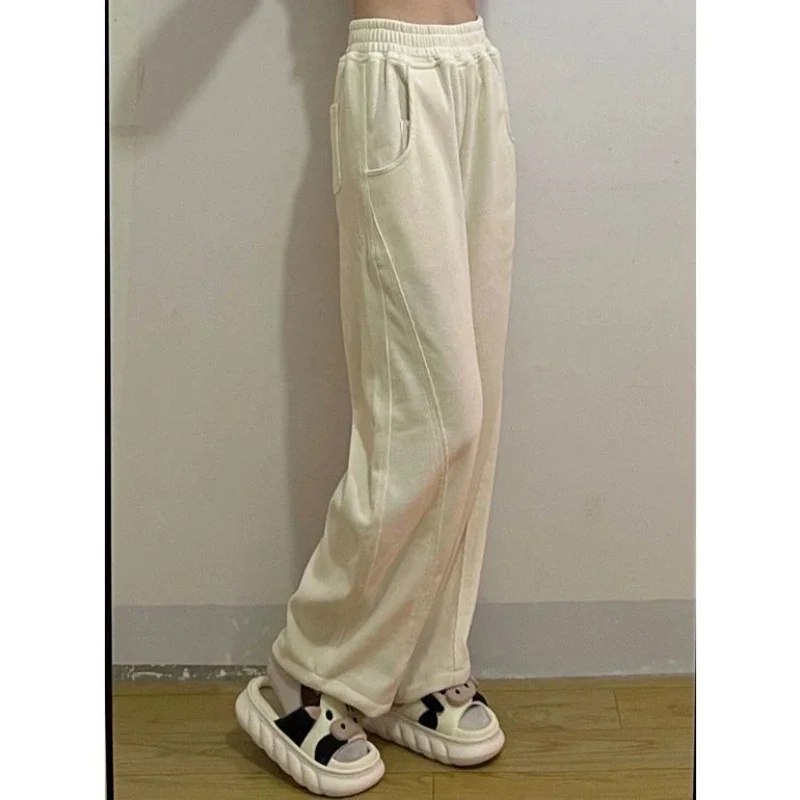 ديبتاون خمر الخريف عادية Sweatpants النساء الرياضة الكورية نمط بنطال ذو قصة أرجل واسعة مكتب سيدة عالية الخصر مستقيم سميكة بنطلون