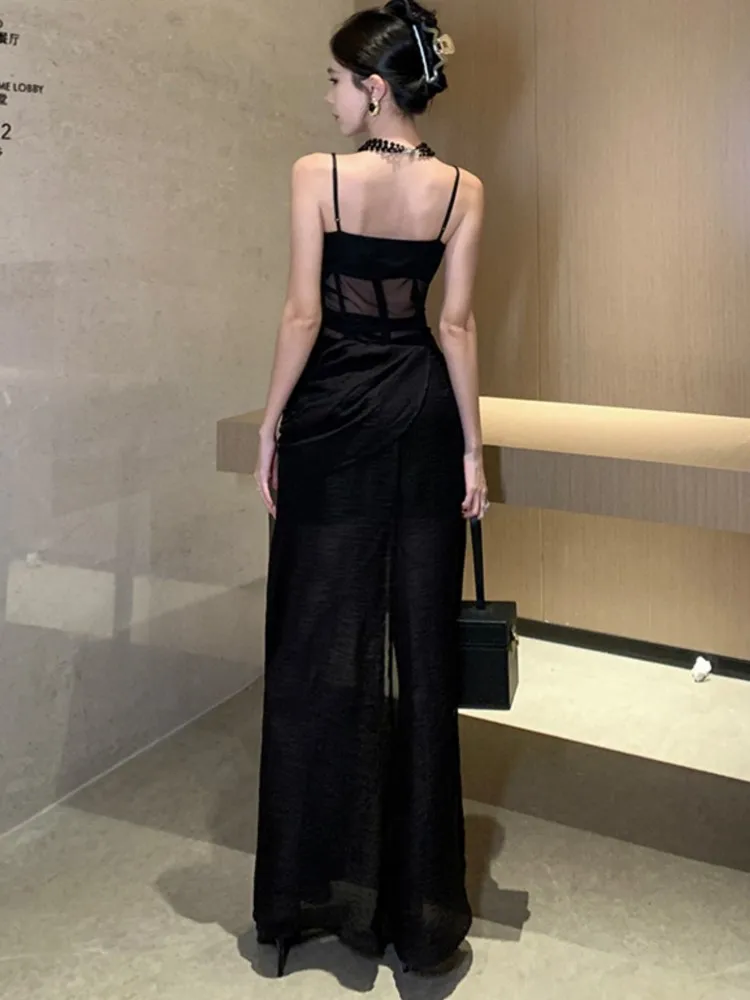 Sexy Bodycon Black Dresses for Women Spaghetti Strap Evening Party Dress High Split Prom Robe Y2K Korean Chic Vestidos Mujer